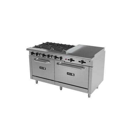 Estufa Multiple Industrial 6 Quemadores, Plancha, Gratinador, Respaldo Con Repisa Y 2 Hornos AEMR-2-RG24-B6-60-H ASBER